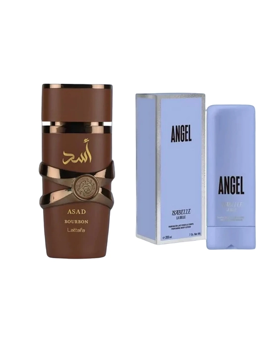 Combo Asad Bourbon Lattafa Eau de Parfum - 100ml + Angel Isabelle Hidratante - 200ml - Masculino