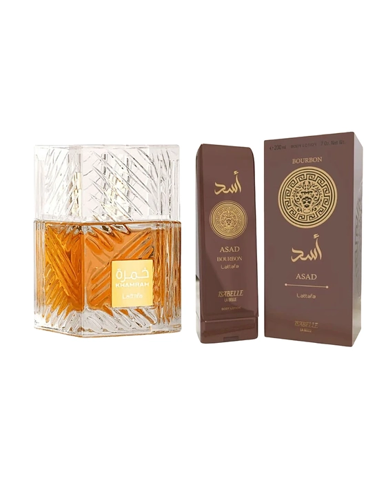 Combo Khamrah Lattafa Eau de Parfum - 100ml + Asad Bourbon Isabelle Hidratante - 200ml - Masculino - miniatura 2