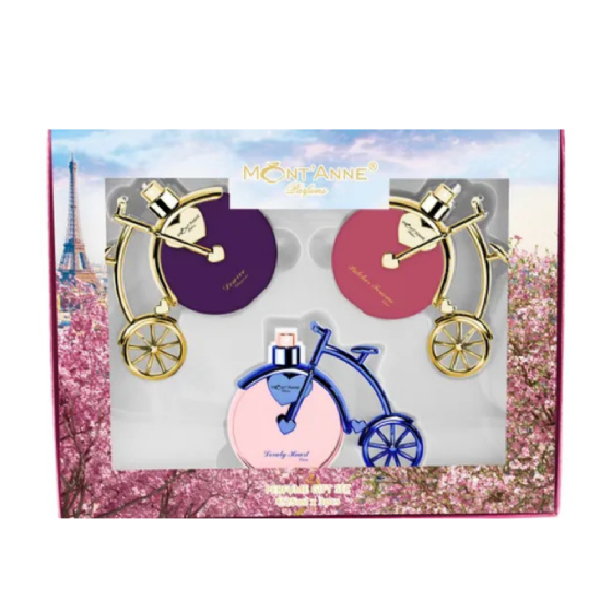KIT BICICLETINHA 3 PÇS MONT'ANNE PARFUMS (DESERVE GLAMUOR, PULCHER FEMME LUXE, LOVELY HEART LUXE) 25ML - imagem 1
