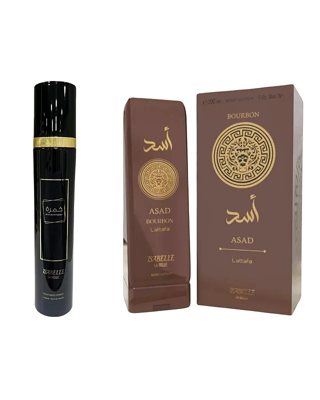 Combo Perfume Body Splah Khamrah - Isabelle La Belle - 300ml + Asad Bourbon Isabelle La Belle Hidratante- 200ml - Mascul - imagem 1