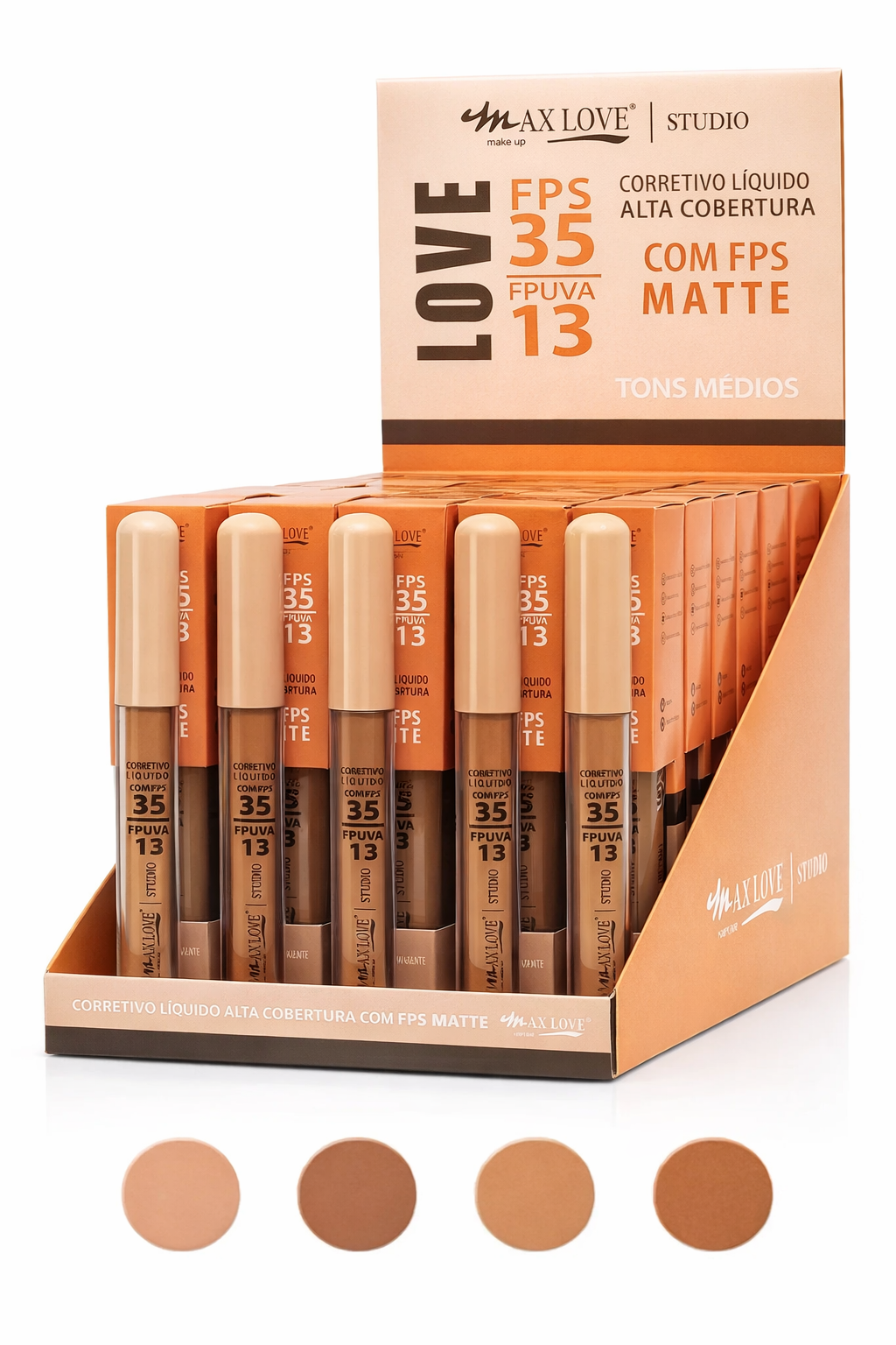 BOX C/ 28 UN DE CORRETIVO LÍQUIDO ALTA COBERTURA COM FPS MATTE (COR 104 AO 107) 5 ML -MAX LOVE - imagem 1