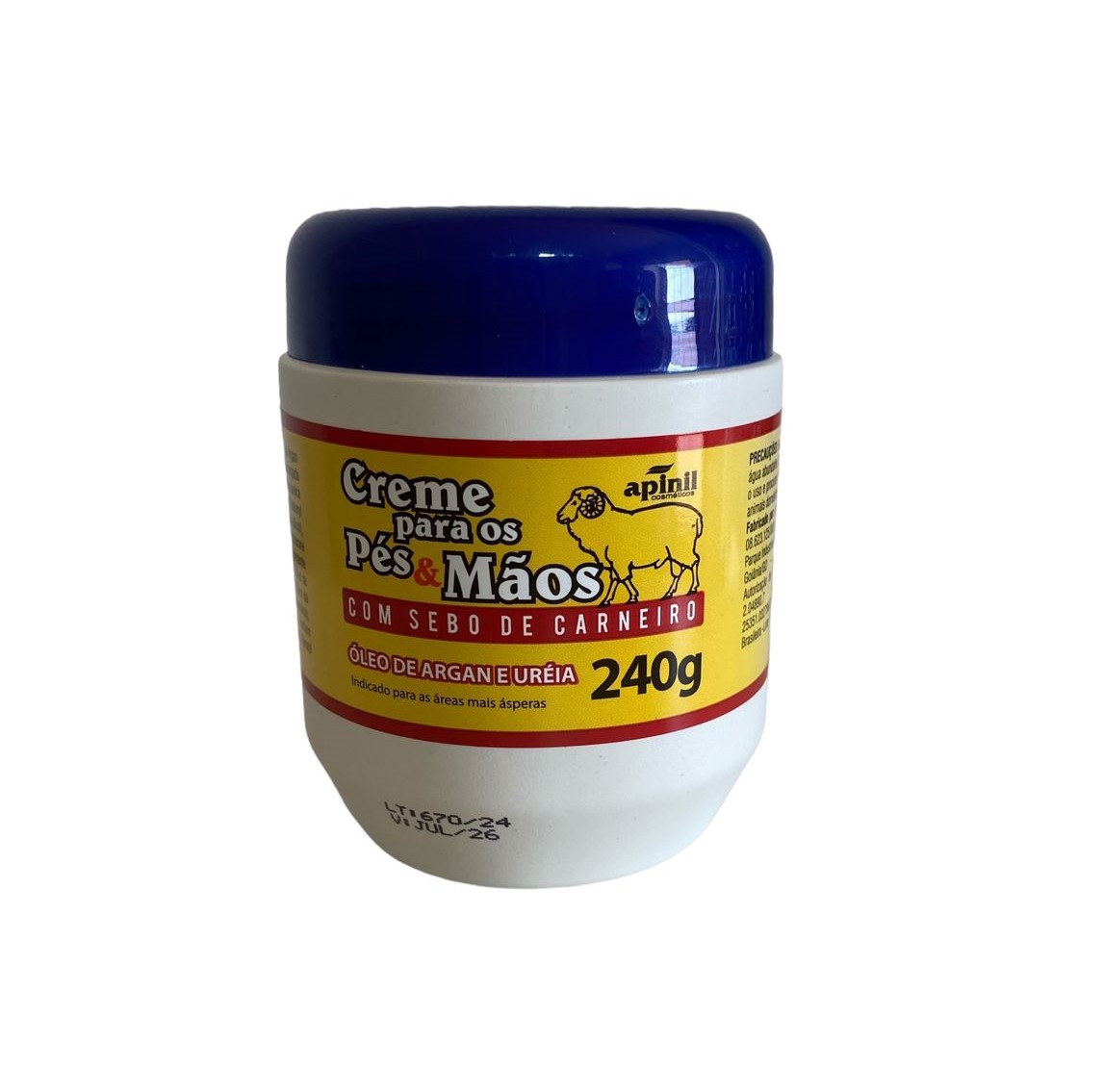 Creme Hidratante Para Pés e Maõs Com Sebo de Carneiro Óleo de Argan e Uréia 240g - Apinil