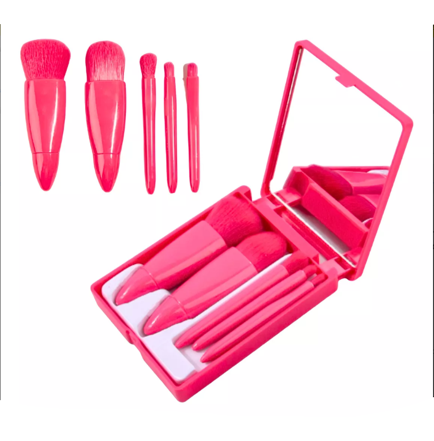 Kit Estojo Com 5 Mini Pinceis Com Espelho Pink