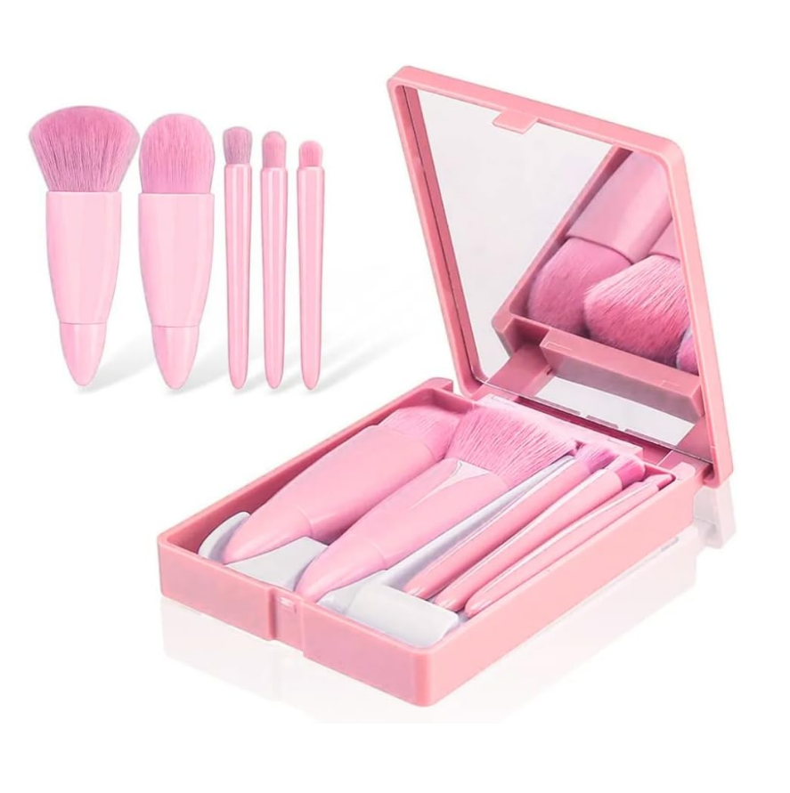 Kit Estojo Com 5 Mini Pinceis Com Espelho Rosa
