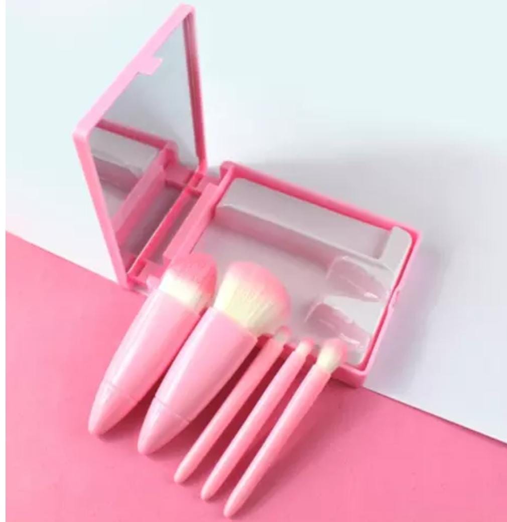 Kit Estojo Com 5 Mini Pinceis Com Espelho Rosa — miniatura 2
