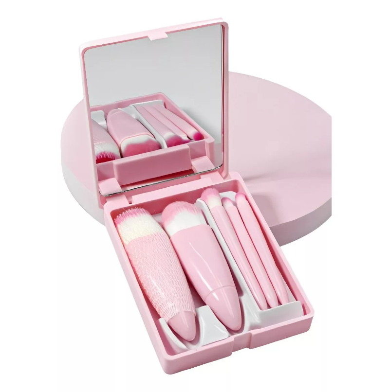 Kit Estojo Com 5 Mini Pinceis Com Espelho Rosa — miniatura 3